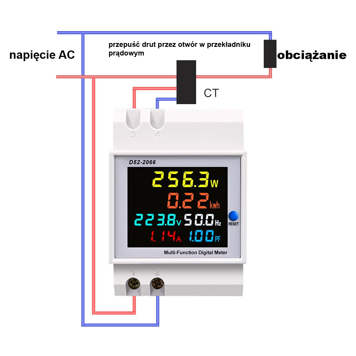 Miernik wielofunkcyjny AC 40V-300V 100A na szynę DIN