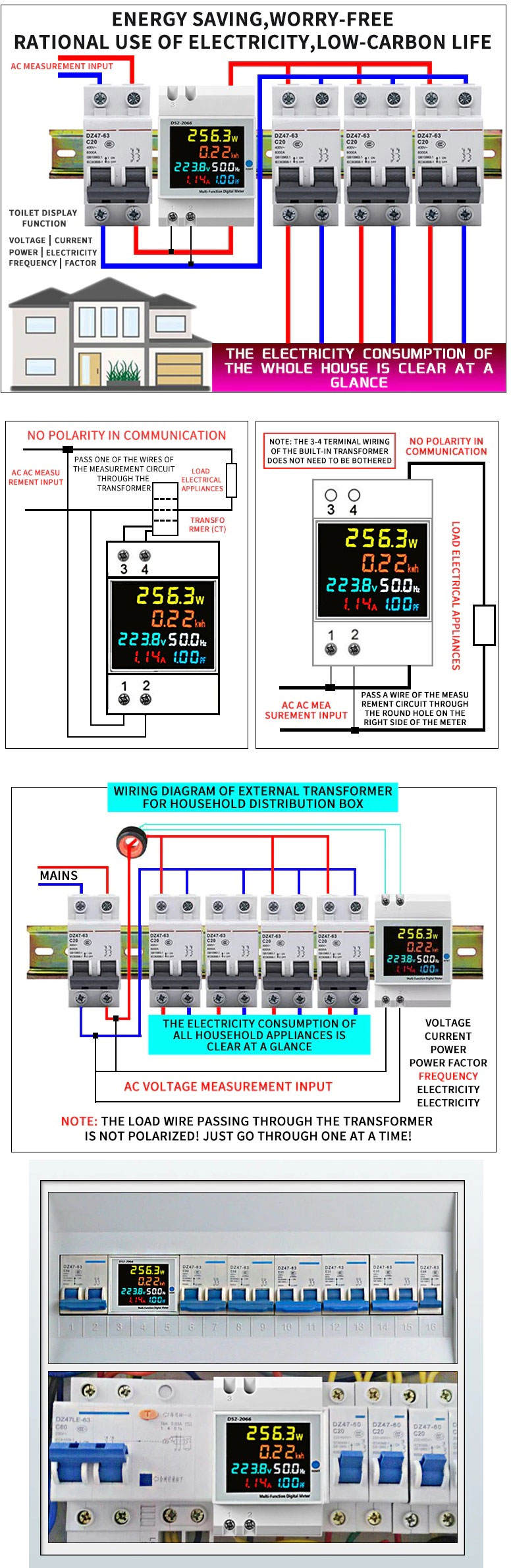 Miernik wielofunkcyjny AC 40V-300V 100A na szynę DIN