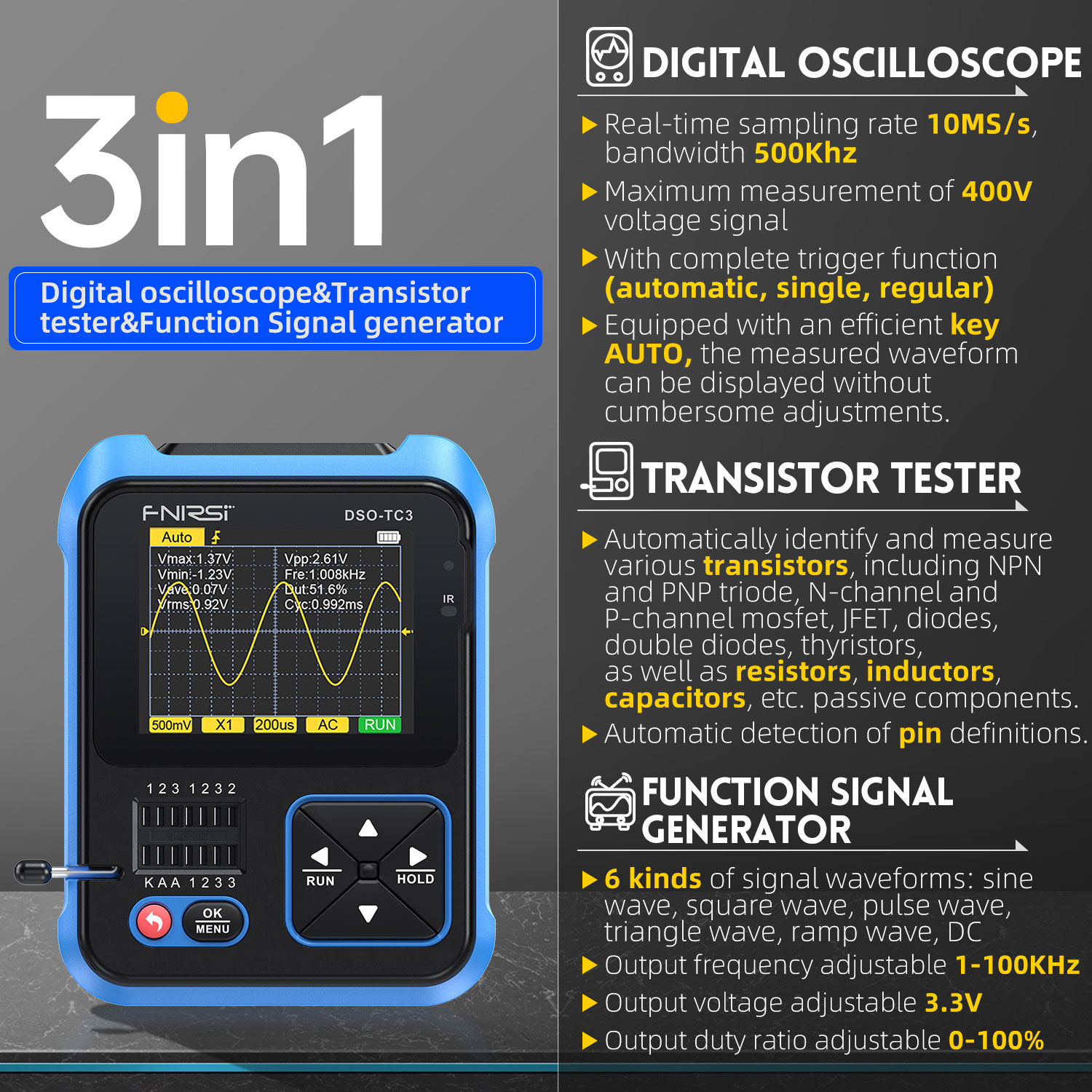 Fnirsi DSO-TC3 tester LCR + oscyloskop cyfrowy + generator