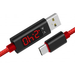 Przewód USB - USB typ C w oplocie nylonowym czerwony z woltomierzem i amperomierzem