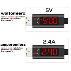 Przewód USB - USB typ C w oplocie nylonowym czarny z woltomierzem i amperomierzem