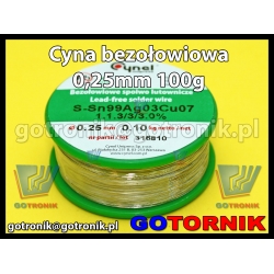 Cyna bezołowiowa 0,25mm/100g Sn99Cu0,7Ag0,3 Pb Free CYNEL 0,25mm