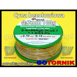 Cyna bezołowiowa 0,70mm/100g Sn99Cu0,7Ag0,3 Pb Free CYNEL 0,7mm