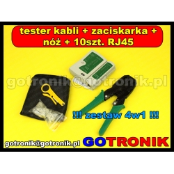 Zaciskarka z nożem + 10 sztuk końcówek RJ45 + tester kabli sieciowych