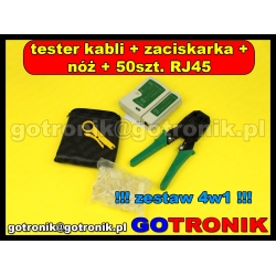 Zaciskarka  z nożem + 50 sztuk końcówek RJ45 + tester kabli sieciowych