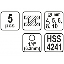 Komplet 5 wierteł do metalu HSS uchwyt Hex 1/4