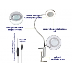 lampa LED z lupą soczewką powiększającą na elastycznym ramieniu typu gęsia szyjnka