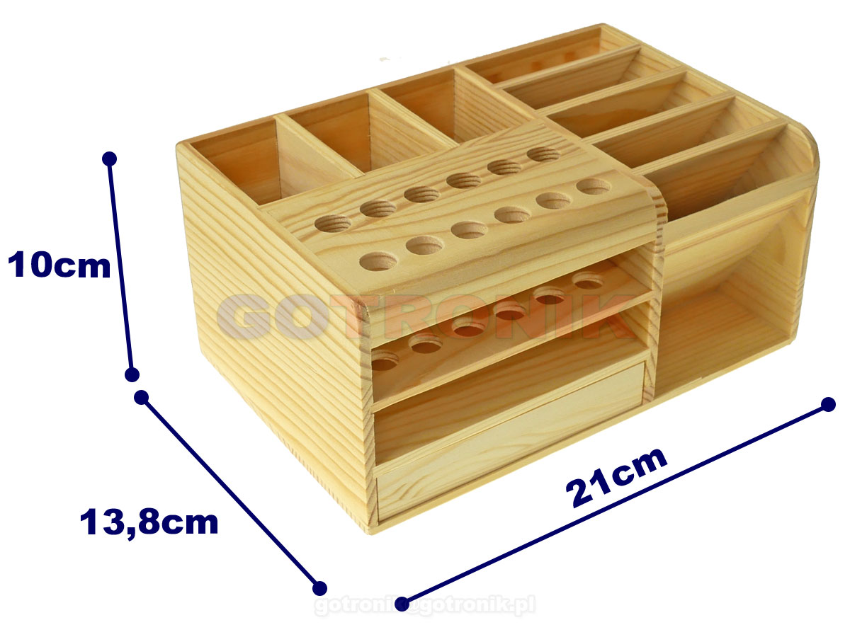 Drewniany organizer, srtownik na drobne narzędzia o wymiarach zewnętrznych 210mm x 138mm x 100mm