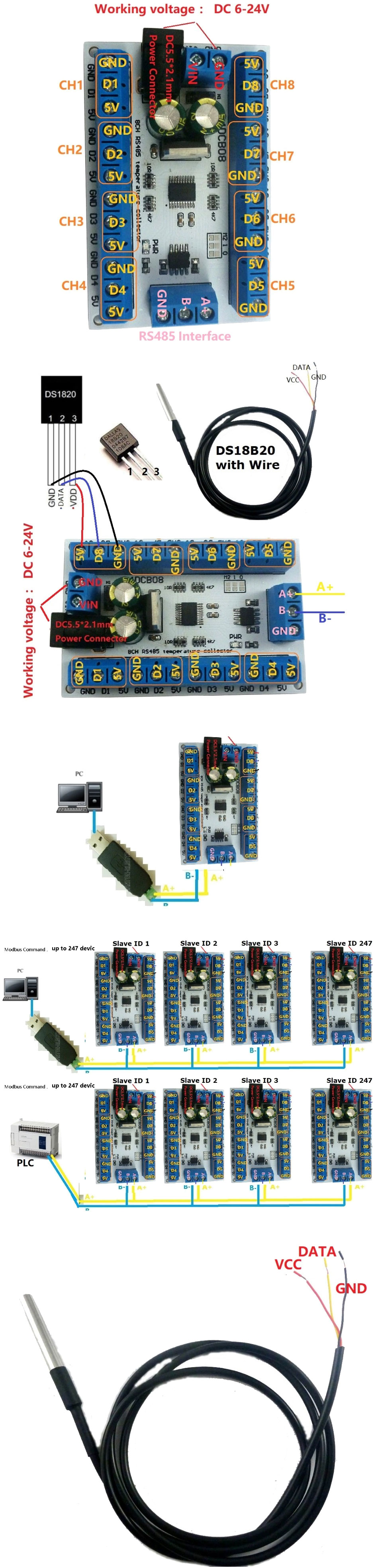 Moduł 8 kanałowy pomiar temperatury DS18B20 R4DCB08 RS485 RSB-200 RBS200