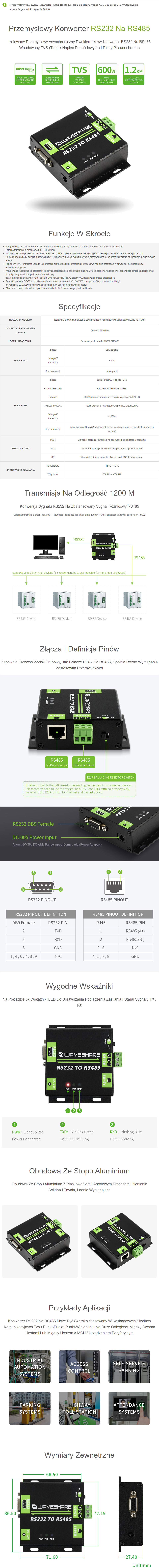 Konwerter RS232 na RS485 izolowany Waveshare