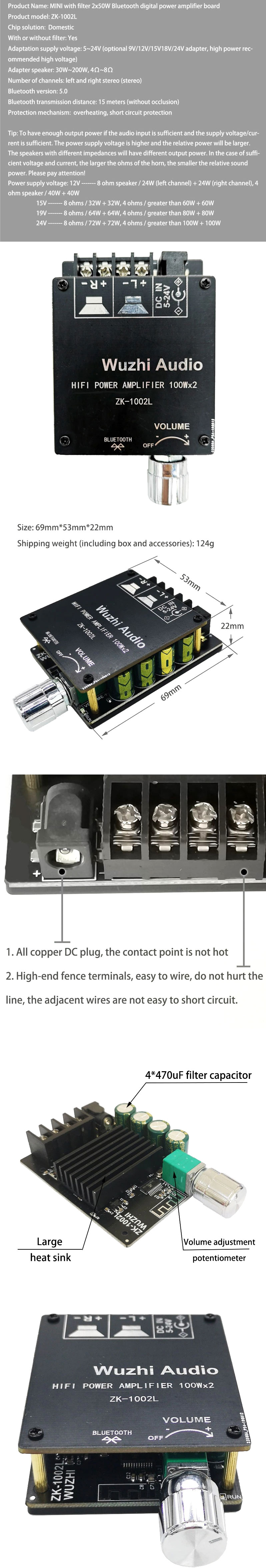 Wzmacniacz audio 2 x 100W TPA3116 + Bluetooth 5.0 Wuzhi ZK-1002L BTE-979 BTE979