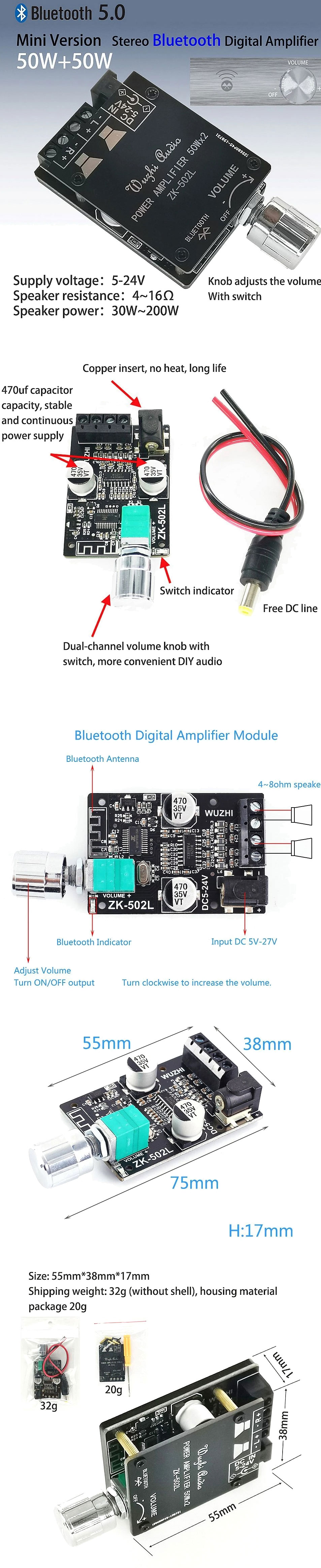 Wzmacniacz audio 2 x 50W TPA3116 + Bluetooth 5.0 Wuzhi ZK-502L BTE-972 BTE972